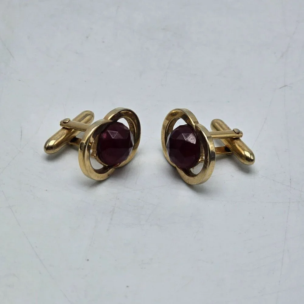 Vintage Swank Double Ring Cufflinks With Red Rose Cut Ruby Rhinestone